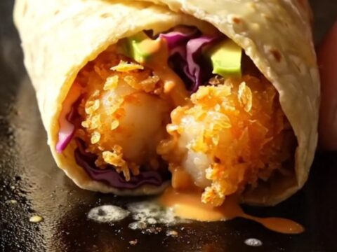 Baja shrimp burrito sliced in half showing crispy beer-battered shrimp, purple cabbage slaw, avocado and chipotle crema