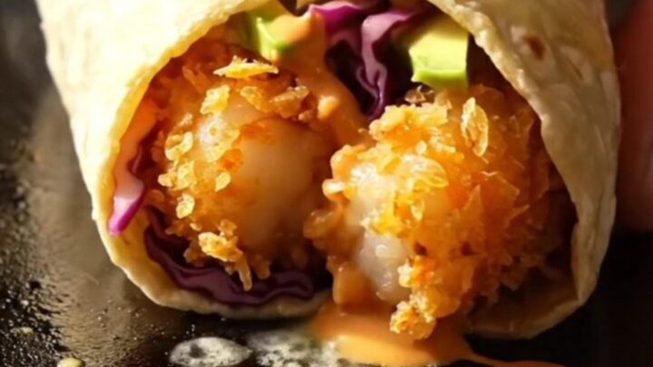 Baja shrimp burrito sliced in half showing crispy beer-battered shrimp, purple cabbage slaw, avocado and chipotle crema