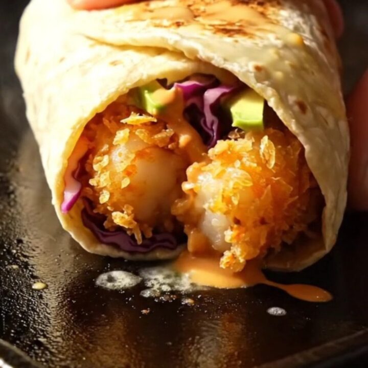 Baja shrimp burrito sliced in half showing crispy beer-battered shrimp, purple cabbage slaw, avocado and chipotle crema