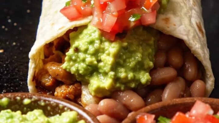 Griddled chicken fajita burrito cut open, showing charred peppers, lime chicken, pinto beans and molten white queso
