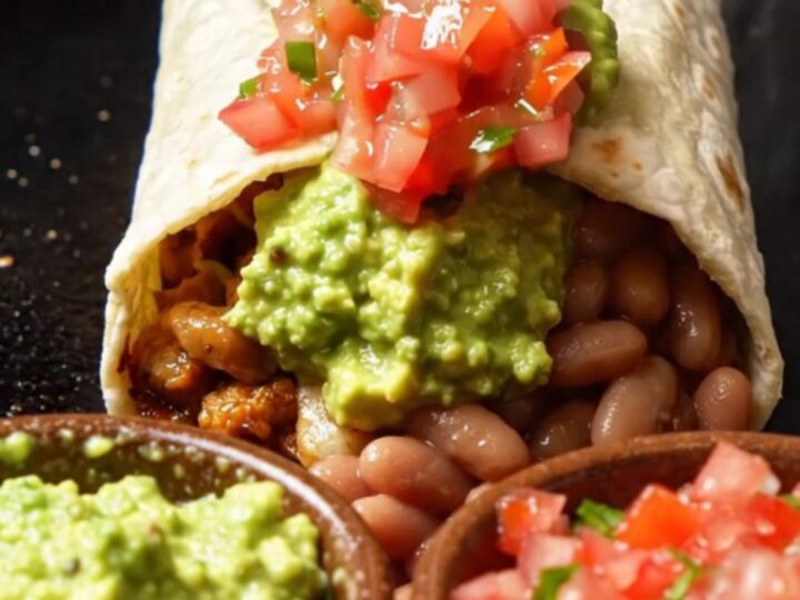 Griddled chicken fajita burrito cut open, showing charred peppers, lime chicken, pinto beans and molten white queso