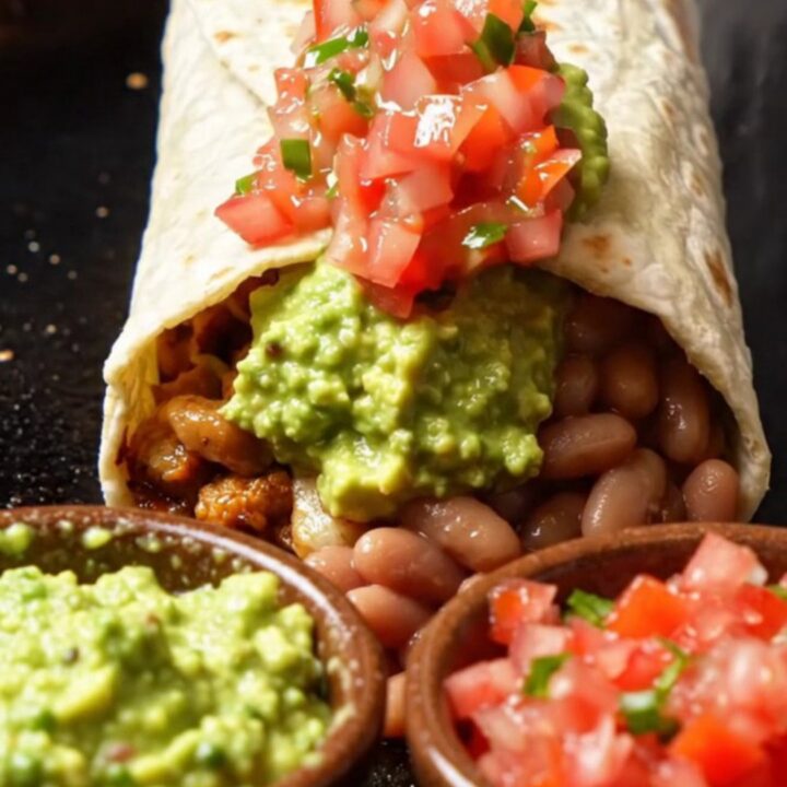 Griddled chicken fajita burrito cut open, showing charred peppers, lime chicken, pinto beans and molten white queso