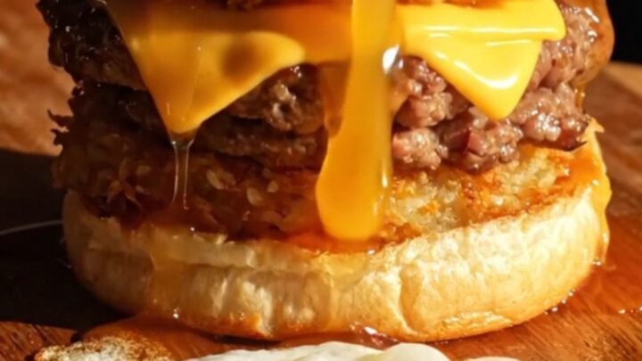 Hashbrown smash burger with double beef-sausage patties, melted American cheese and a fried egg on toasted brioche