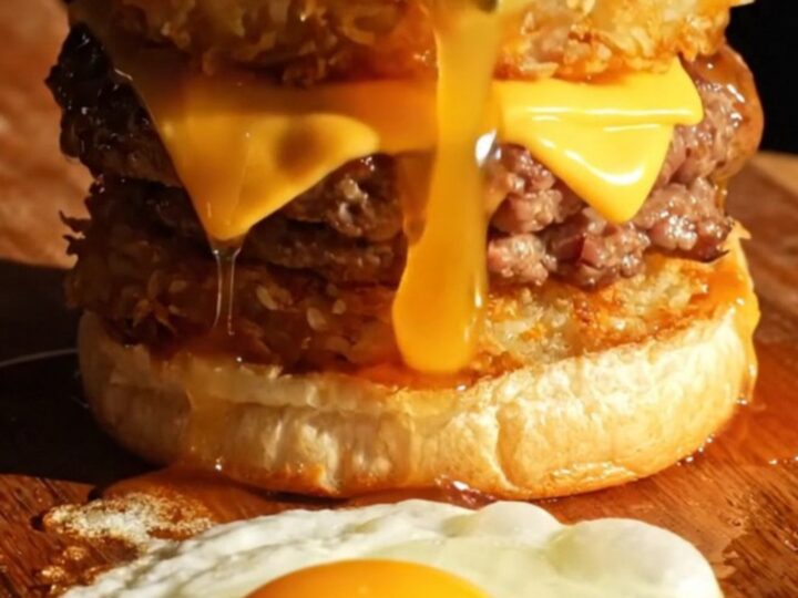 Hashbrown smash burger with double beef-sausage patties, melted American cheese and a fried egg on toasted brioche