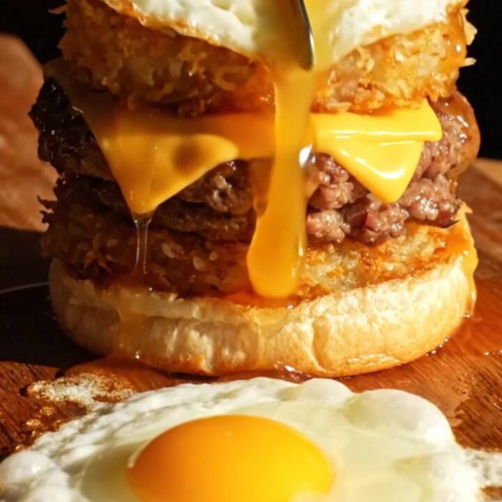 Hashbrown smash burger with double beef-sausage patties, melted American cheese and a fried egg on toasted brioche
