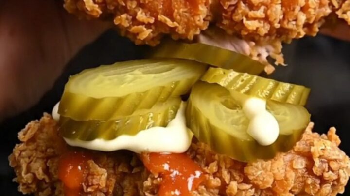 Crispy buttermilk fried chicken sandwich on a brioche bun with pickles and spicy mayo