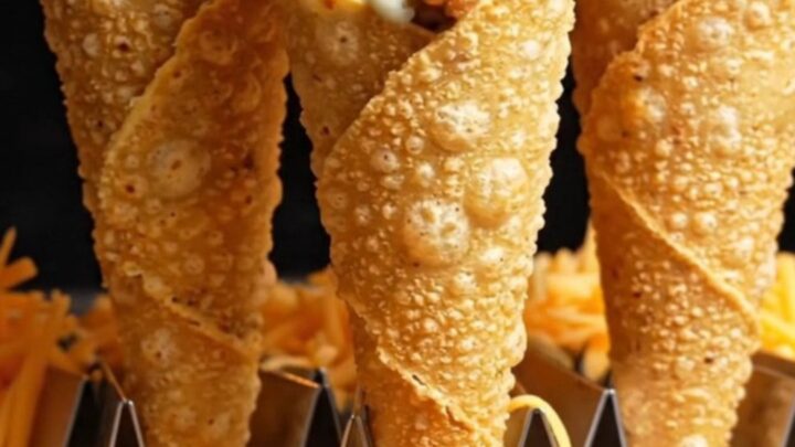 Crispy beef cones standing upright, topped with melted mozzarella and drizzled with cilantro-lime crema