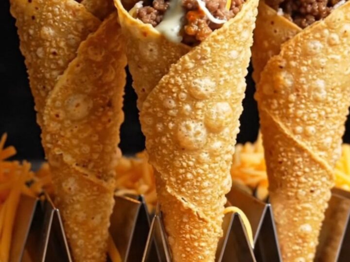 Crispy beef cones standing upright, topped with melted mozzarella and drizzled with cilantro-lime crema