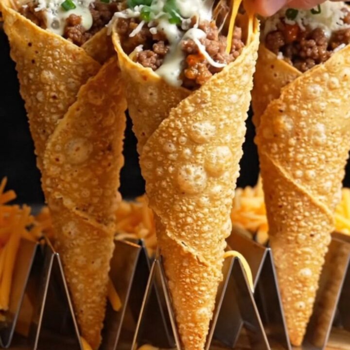Crispy beef cones standing upright, topped with melted mozzarella and drizzled with cilantro-lime crema