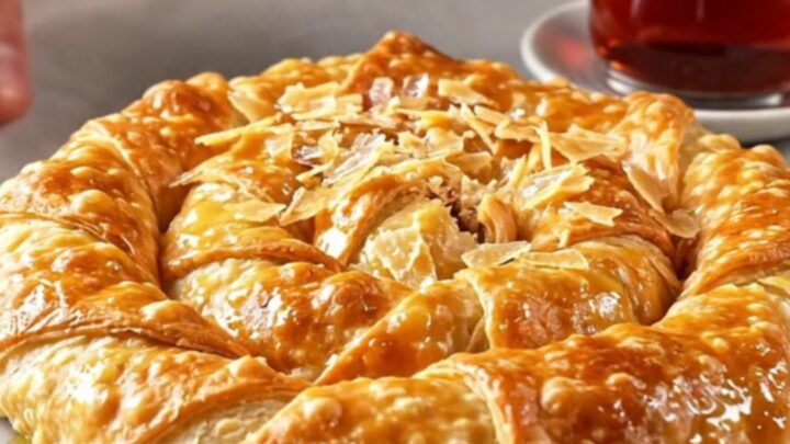Golden spiral Turkish meat börek with flaky layers on a baking sheet