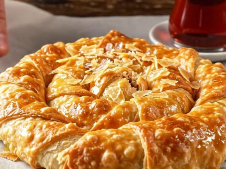 Golden spiral Turkish meat börek with flaky layers on a baking sheet