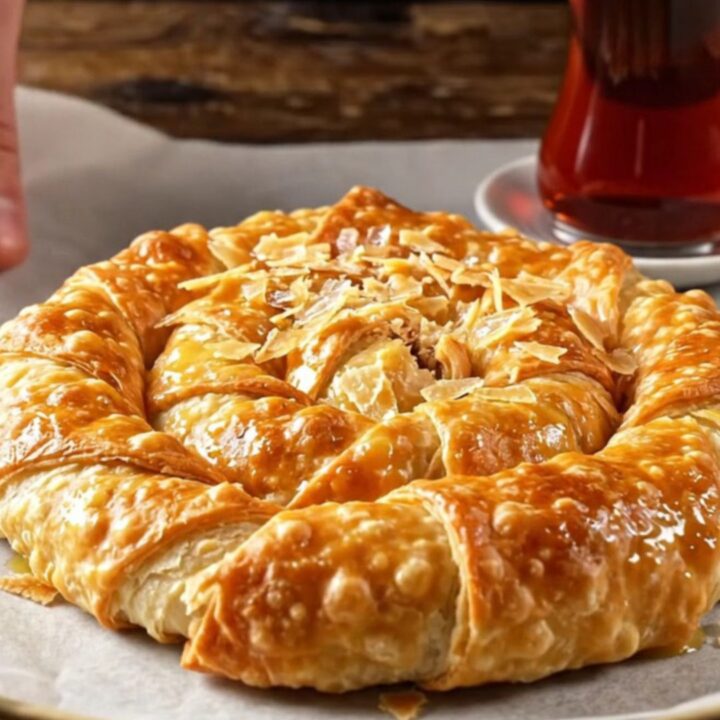 Golden spiral Turkish meat börek with flaky layers on a baking sheet