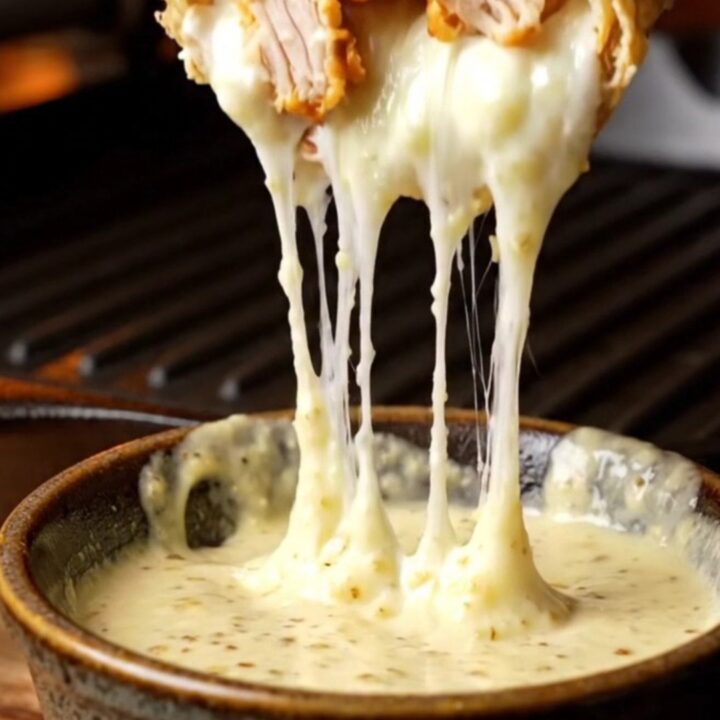 A crispy chicken shawarma wrap cut diagonally with melted cheese pull and garlic sauce