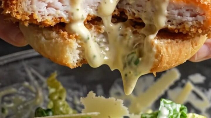Crispy chicken Caesar sandwich with lemon herb cutlet, romaine, and parmesan on toasted brioche