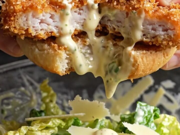 Crispy chicken Caesar sandwich with lemon herb cutlet, romaine, and parmesan on toasted brioche