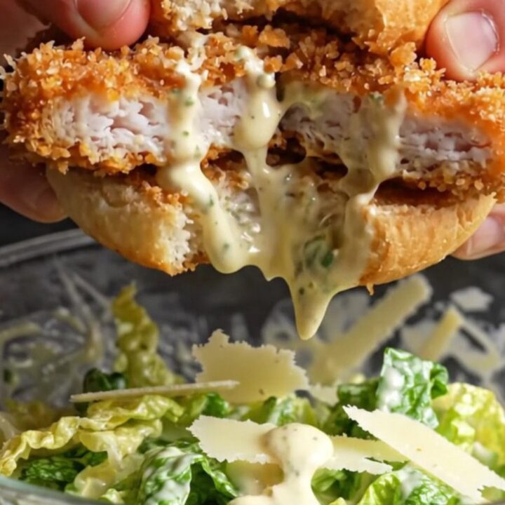 Crispy chicken Caesar sandwich with lemon herb cutlet, romaine, and parmesan on toasted brioche