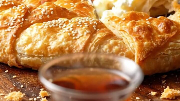 Golden, crispy skillet cheese börek sliced into wedges, showing layers of phyllo and melted feta, with parsley visible.