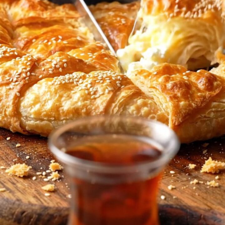 Golden, crispy skillet cheese börek sliced into wedges, showing layers of phyllo and melted feta, with parsley visible.