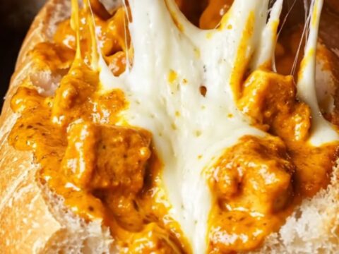 Golden garlic baguette stuffed with butter chicken and melted mozzarella, with cheese pull