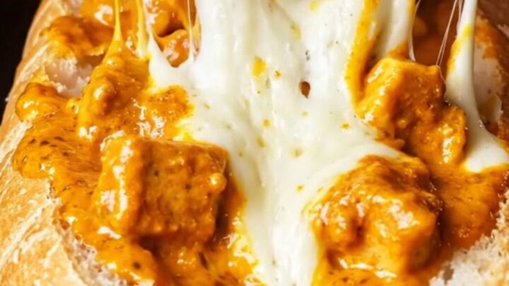 Golden garlic baguette stuffed with butter chicken and melted mozzarella, with cheese pull