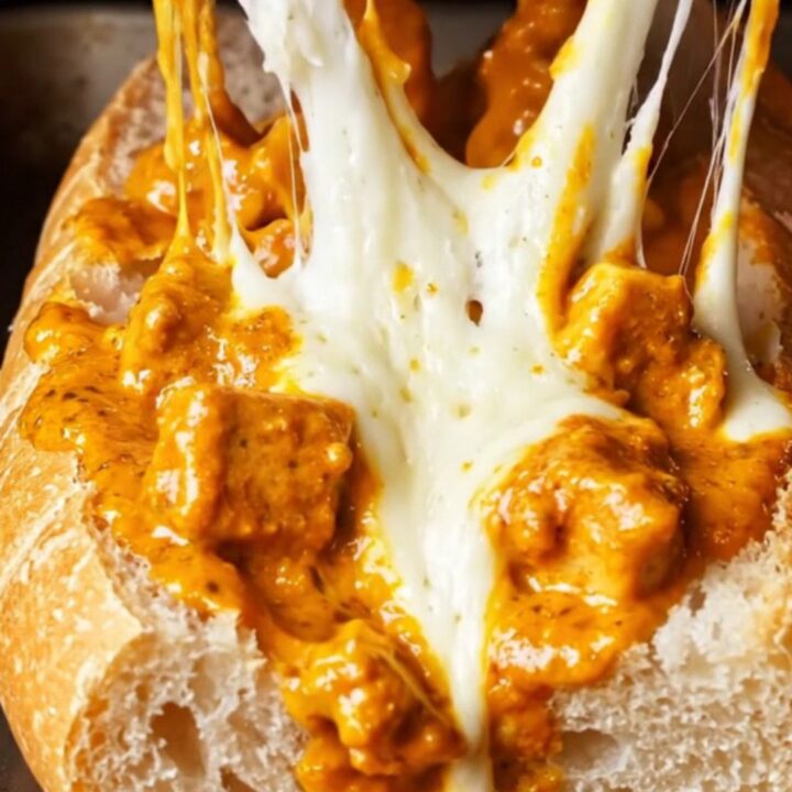 Golden garlic baguette stuffed with butter chicken and melted mozzarella, with cheese pull