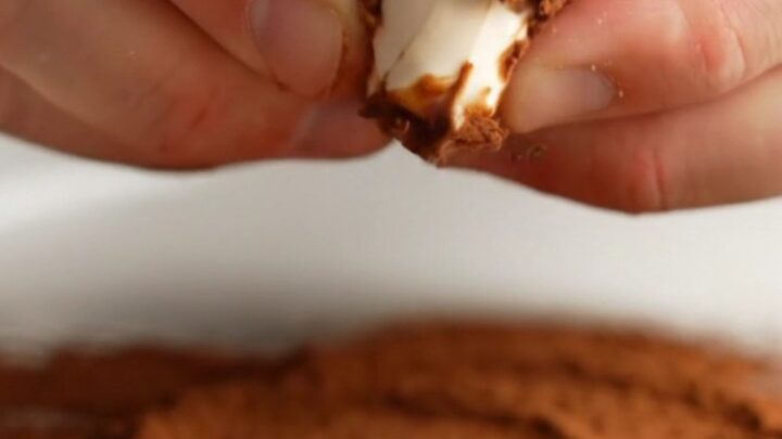 A cocoa-dusted tiramisu truffle broken in half, revealing a creamy espresso mascarpone center.