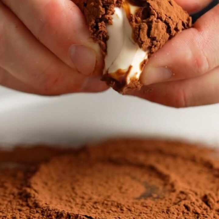 A cocoa-dusted tiramisu truffle broken in half, revealing a creamy espresso mascarpone center.