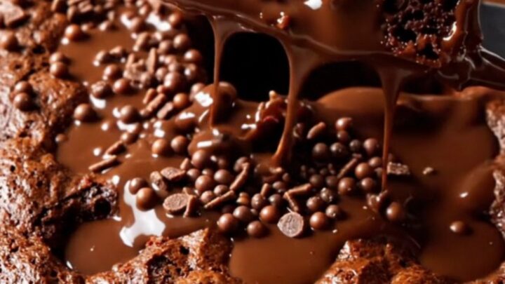 A fork lifting a slice of Turkish wet chocolate cake, showing the glossy fudge sauce and crispy chocolate pearls.