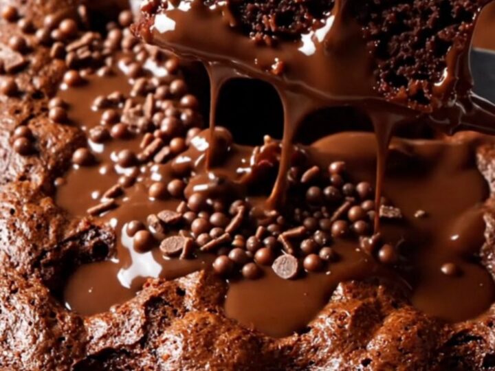 A fork lifting a slice of Turkish wet chocolate cake, showing the glossy fudge sauce and crispy chocolate pearls.