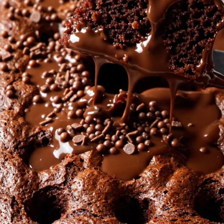 A fork lifting a slice of Turkish wet chocolate cake, showing the glossy fudge sauce and crispy chocolate pearls.