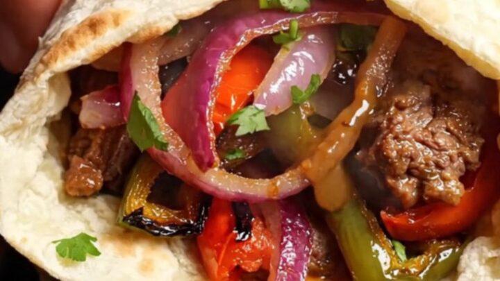 Crispy Turkish Adana kebab wrap sliced in half, showing juicy meat and colorful vegetables