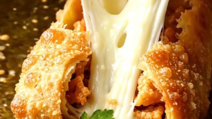 Crispy golden Paçanga Börek rolls on a platter, one broken open with melted cheese stretching.