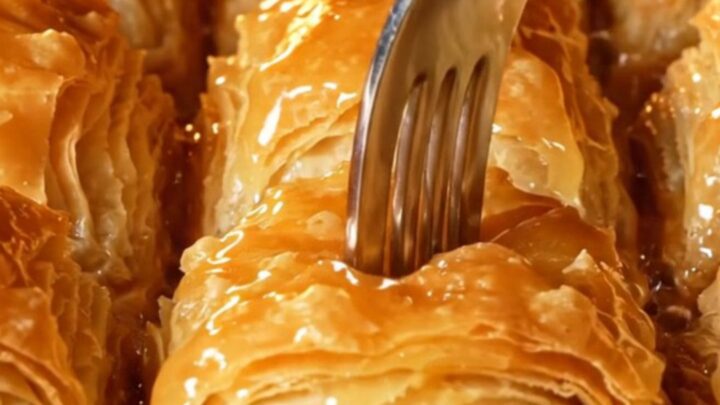 Golden mussel-shaped baklava with lemon syrup being poured over