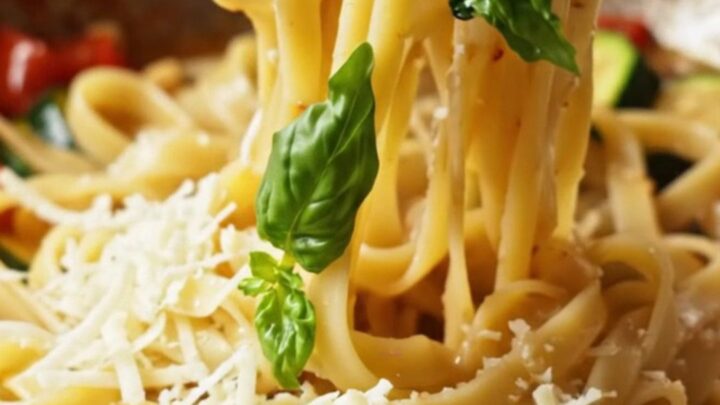Twirled tagliatelle with roasted tomato and zucchini sauce, stretchy mozzarella, and basil leaves