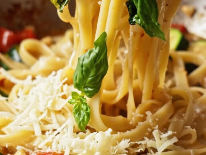 Twirled tagliatelle with roasted tomato and zucchini sauce, stretchy mozzarella, and basil leaves