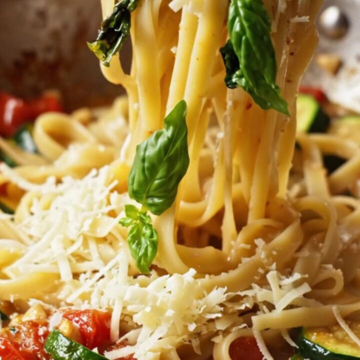 Twirled tagliatelle with roasted tomato and zucchini sauce, stretchy mozzarella, and basil leaves