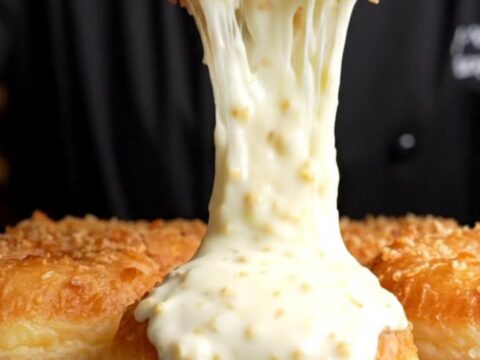 Golden crispy potato chicken donut with molten mozzarella cheese pull