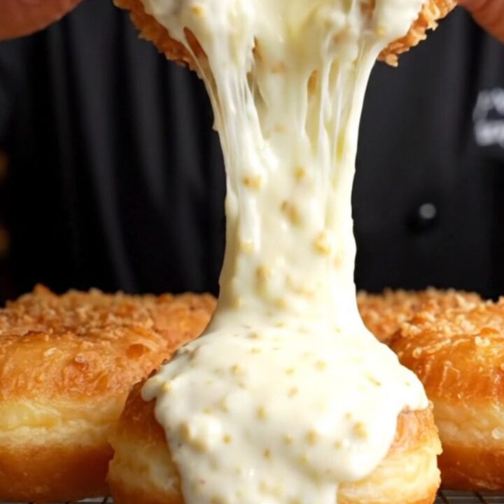 Golden crispy potato chicken donut with molten mozzarella cheese pull