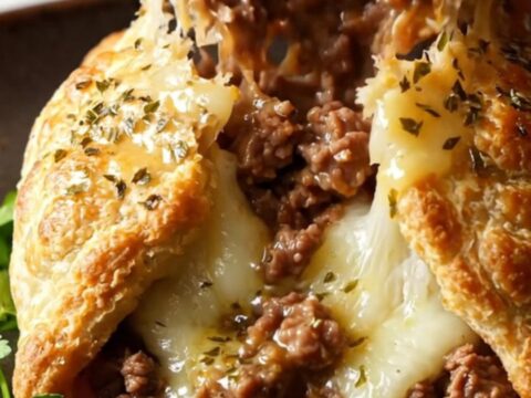 Golden baked tortilla pockets topped with melted mozzarella and parsley, served on a plate.