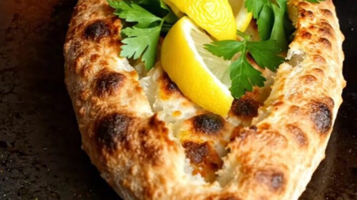 Crispy boat-shaped lahmacun pide with spiced beef, blistered crust, and lemon wedges