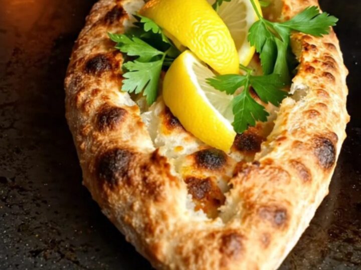Crispy boat-shaped lahmacun pide with spiced beef, blistered crust, and lemon wedges