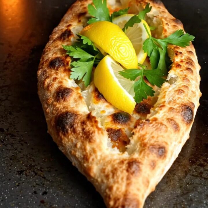 Crispy boat-shaped lahmacun pide with spiced beef, blistered crust, and lemon wedges