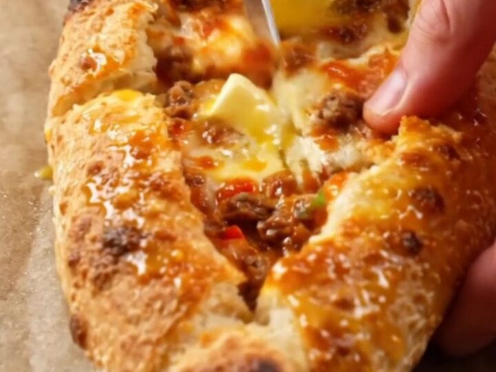 A golden, blistered Turkish pide cut into diagonal slices, showing juicy beef and melted cheese.