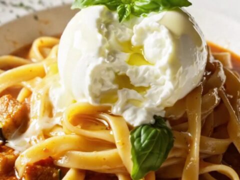 Fettuccine pasta in a roasted vegetable sauce topped with torn burrata and fresh basil