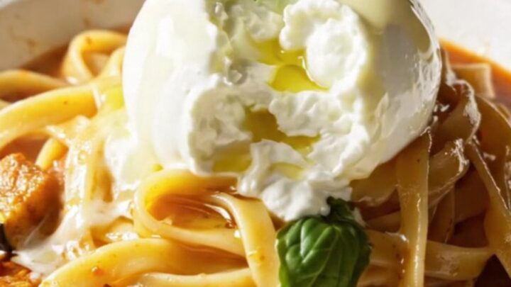Fettuccine pasta in a roasted vegetable sauce topped with torn burrata and fresh basil