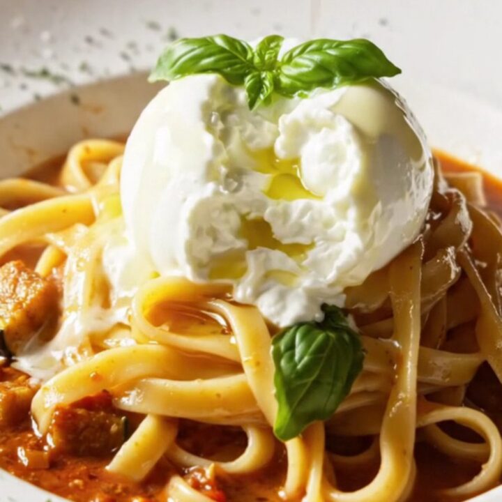 Fettuccine pasta in a roasted vegetable sauce topped with torn burrata and fresh basil