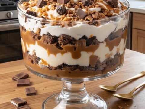 A magnificent layered brownie caramel trifle in a large glass pedestal bowl on a wooden island.