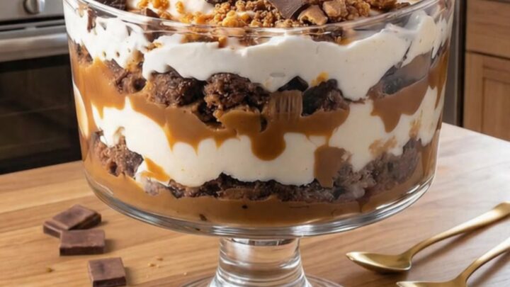 A magnificent layered brownie caramel trifle in a large glass pedestal bowl on a wooden island.