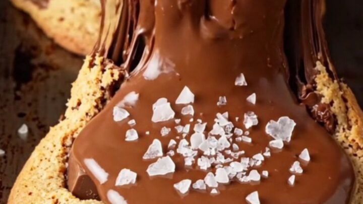 Two-chip bakery cookies stacked on a wire rack, showing crispy golden edges and gooey chocolate centers with flaky sea salt.