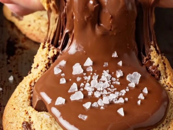 Two-chip bakery cookies stacked on a wire rack, showing crispy golden edges and gooey chocolate centers with flaky sea salt.